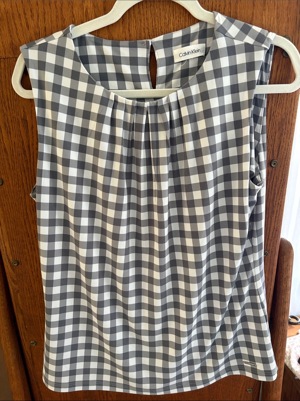 Calvin Klein Gray and White Gingham Sleeveless Blouse